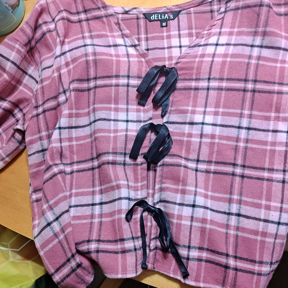Delia's Pink Plaid Top with Black Ribbon Detail